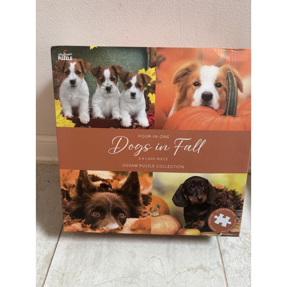 Four-in-one Dogs In Fall 4 X 1,000 Piece Jigsaw Puzzle Puppies Fall Pumpkins New